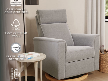 B17186PGEWLB,Monogram by Namesake,Willa Plus Power Glider Recliner w/ Power Headrest in Performance Grey Eco-Weave w/Light Wood Base