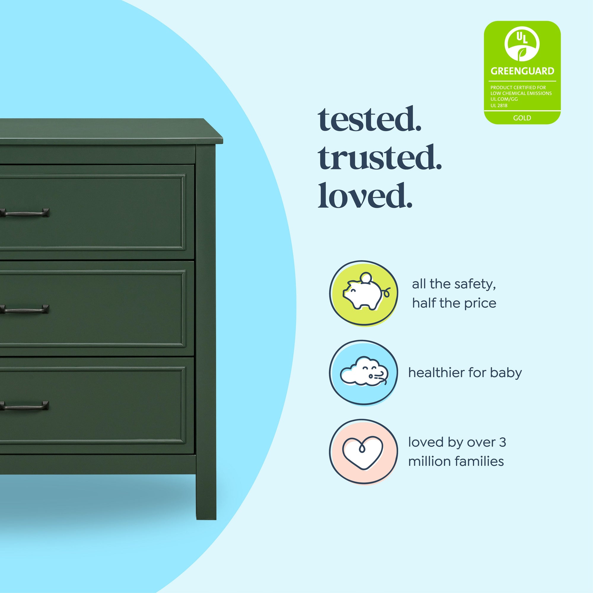 M12823FRGR,DaVinci,Charlie 3-Drawer Dresser in Forest Green