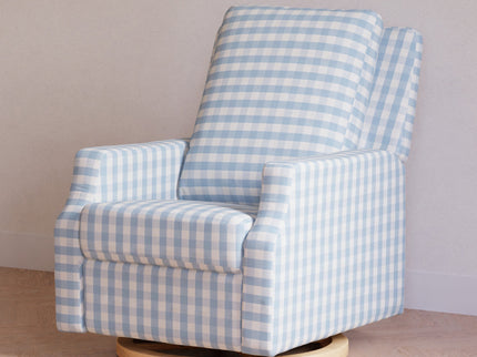 M22287BGHLB,Namesake,Crewe Recliner and Swivel Glider in Blue Gingham with Light Wood Base