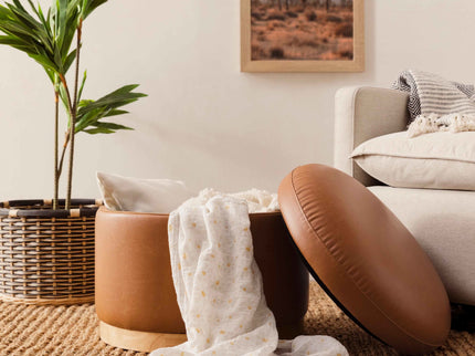 M22885TANLB,Babyletto,Naka Storage Ottoman in Vegan Tan Leather w/ Light Wood Base