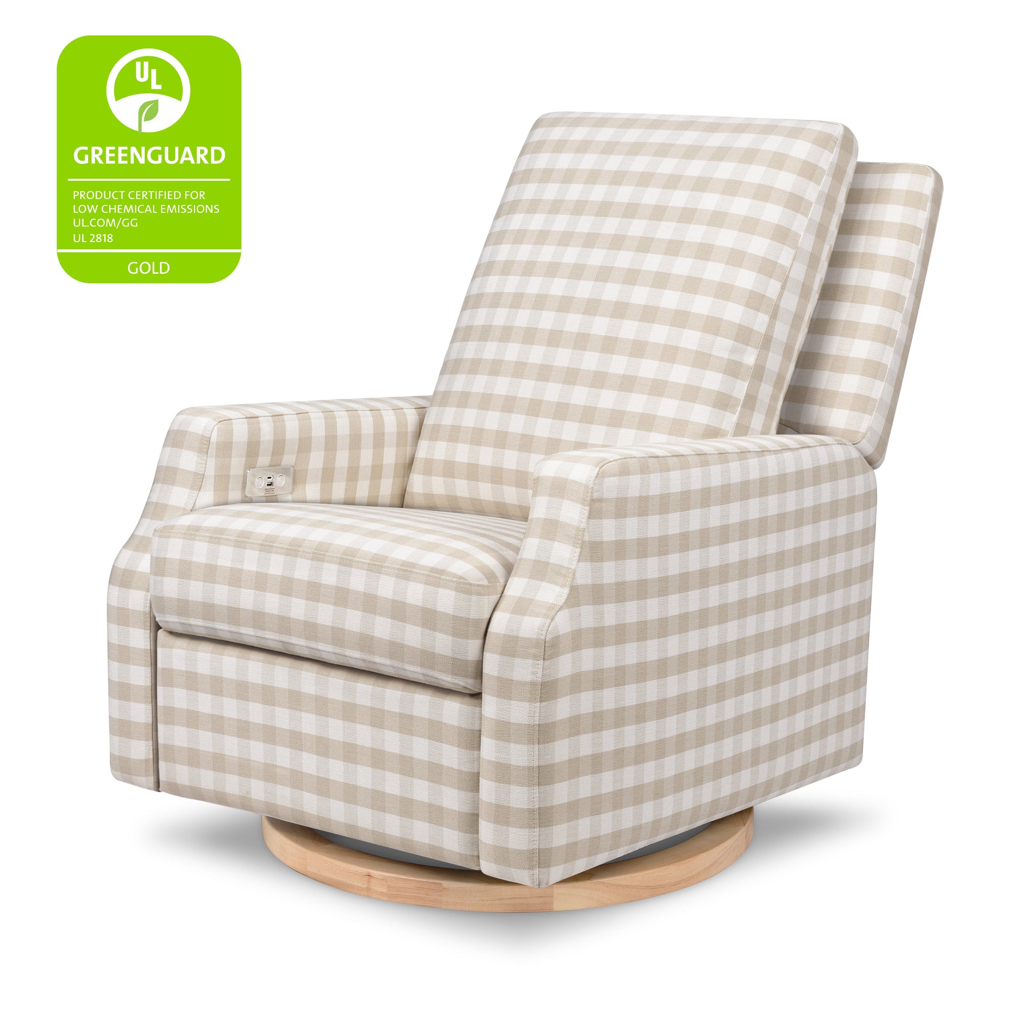 M22286TGHLB,Namesake,Crewe Electronic Swivel Glider Recliner in Tan Gingham with Light Wood Base