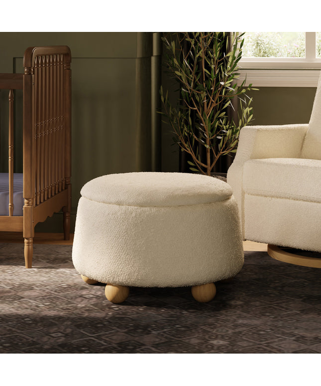 M30985PWBHF,Namesake,Tuffet Storage Ottoman in Performance Ivory Boucle w/Honey Ball Feet