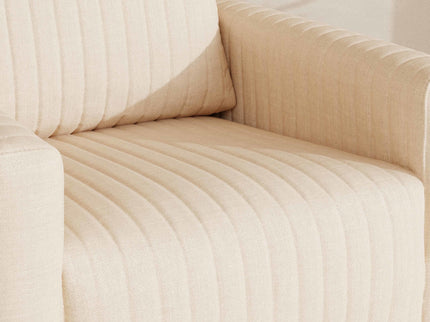 M26687PCMEWDB,Babyletto,Poe Channeled Swivel Glider in Performance Cream Eco-Weave w/ Dark Wood Base