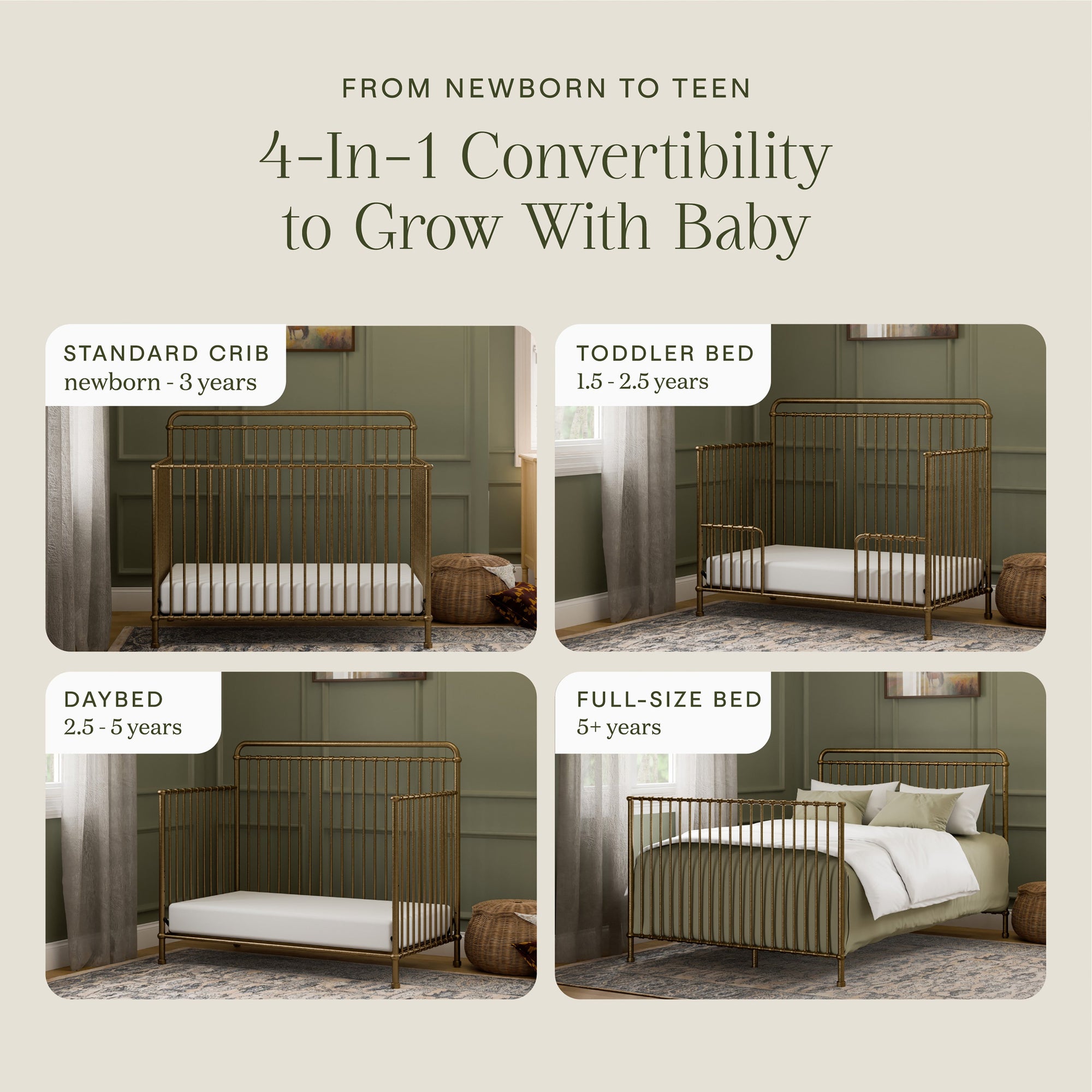 M15301VG,Namesake,Winston 4-in-1 Convertible Crib in Vintage Gold