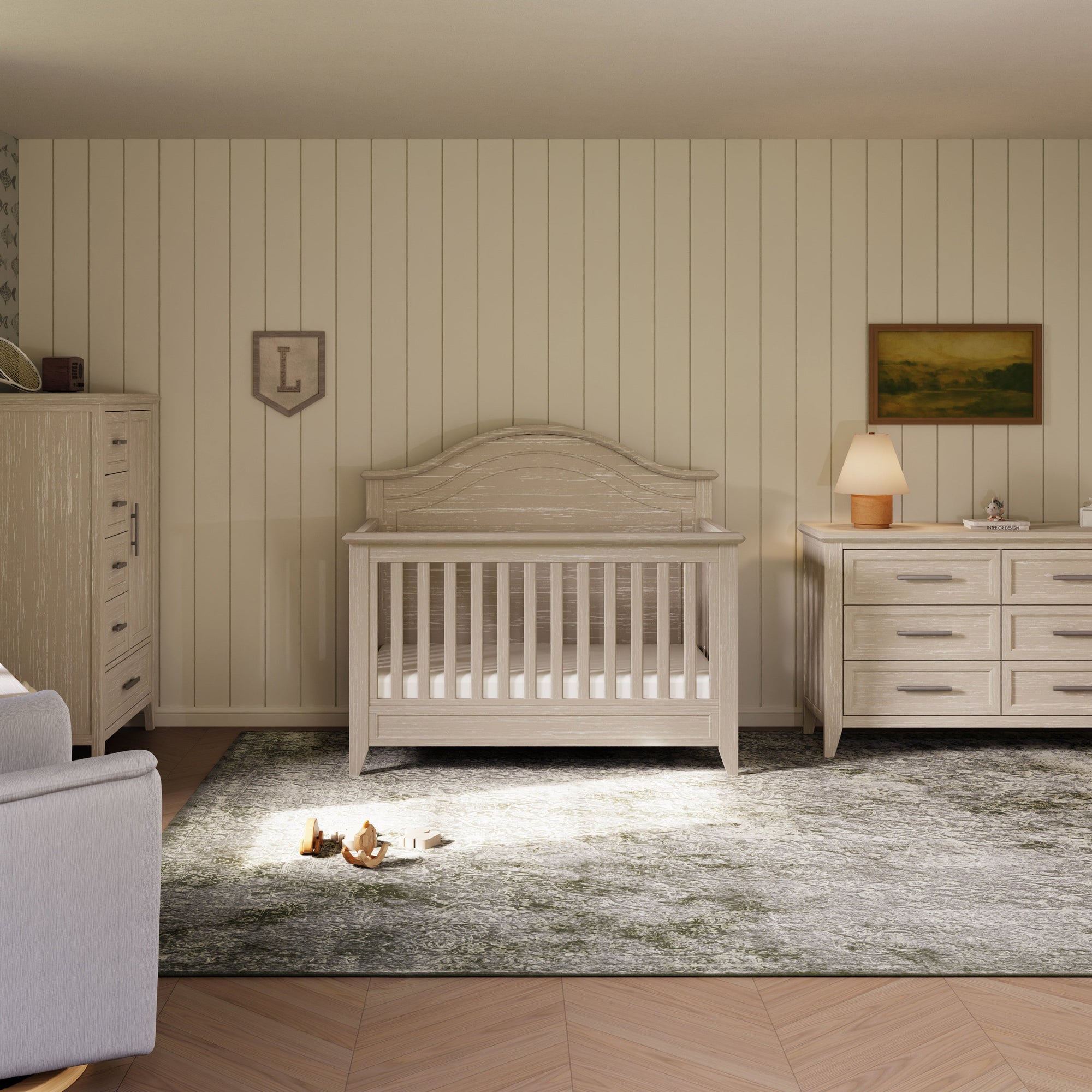 M34401SDB,Monogram by Namesake,Beckett Rustic 4-in-1 Convertible Curve Top Crib in Sandbar