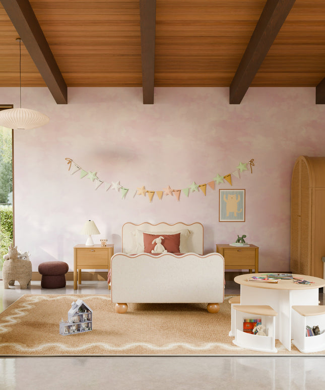 M31369PWBTAN,Babyletto Kids,Rizo Twin Bed in Performance Ivory Boucle w/ VTan Leather Piping