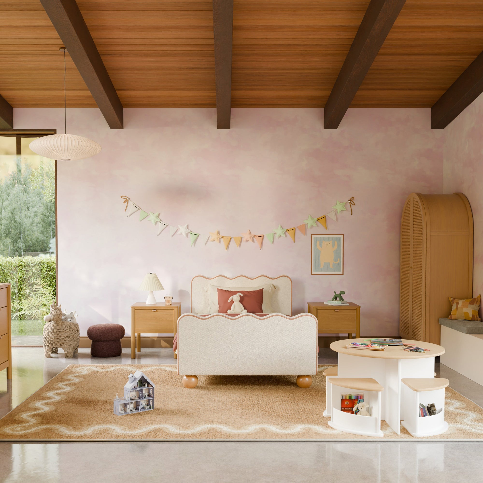 M31369PWBTAN,Babyletto Kids,Rizo Twin Bed in Performance Ivory Boucle w/ VTan Leather Piping