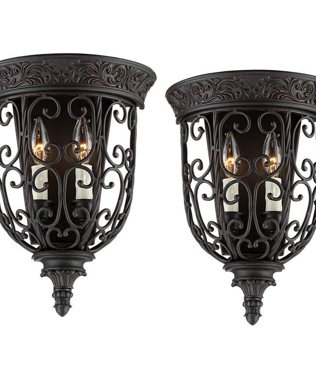 Franklin Iron French Scroll 14 1/4" Rubbed Bronze Wall Sconces Set