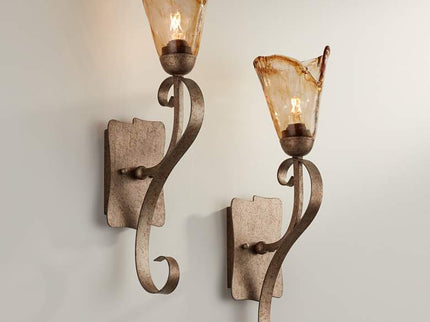 Franklin Iron Works Amber Scroll 23 1/2" Glass Bronze Wall Sconces Set