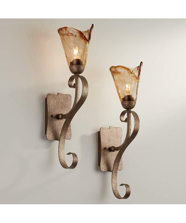 Franklin Iron Works Amber Scroll 23 1/2" Glass Bronze Wall Sconces Set