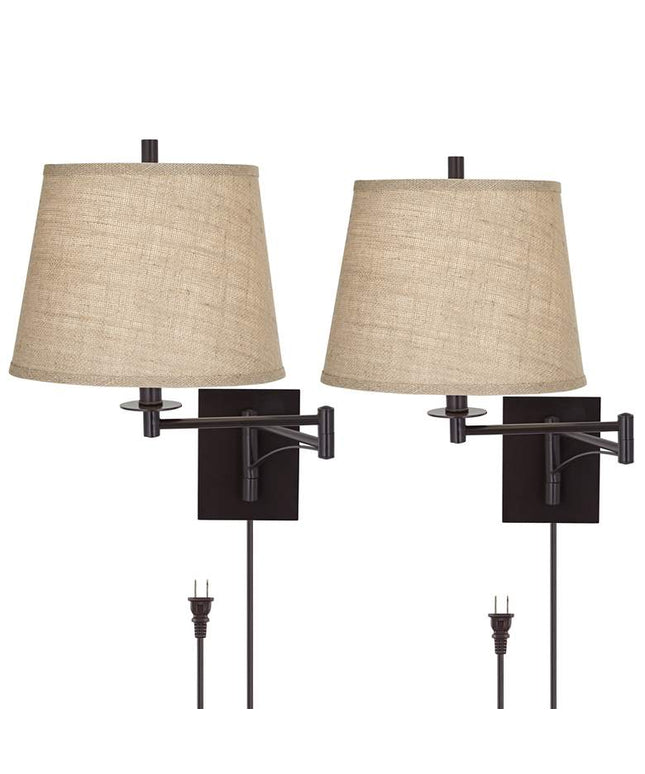 Franklin Iron Works Brinly Burlap Plug-In Swing Arm Wall Lamps Set of 2