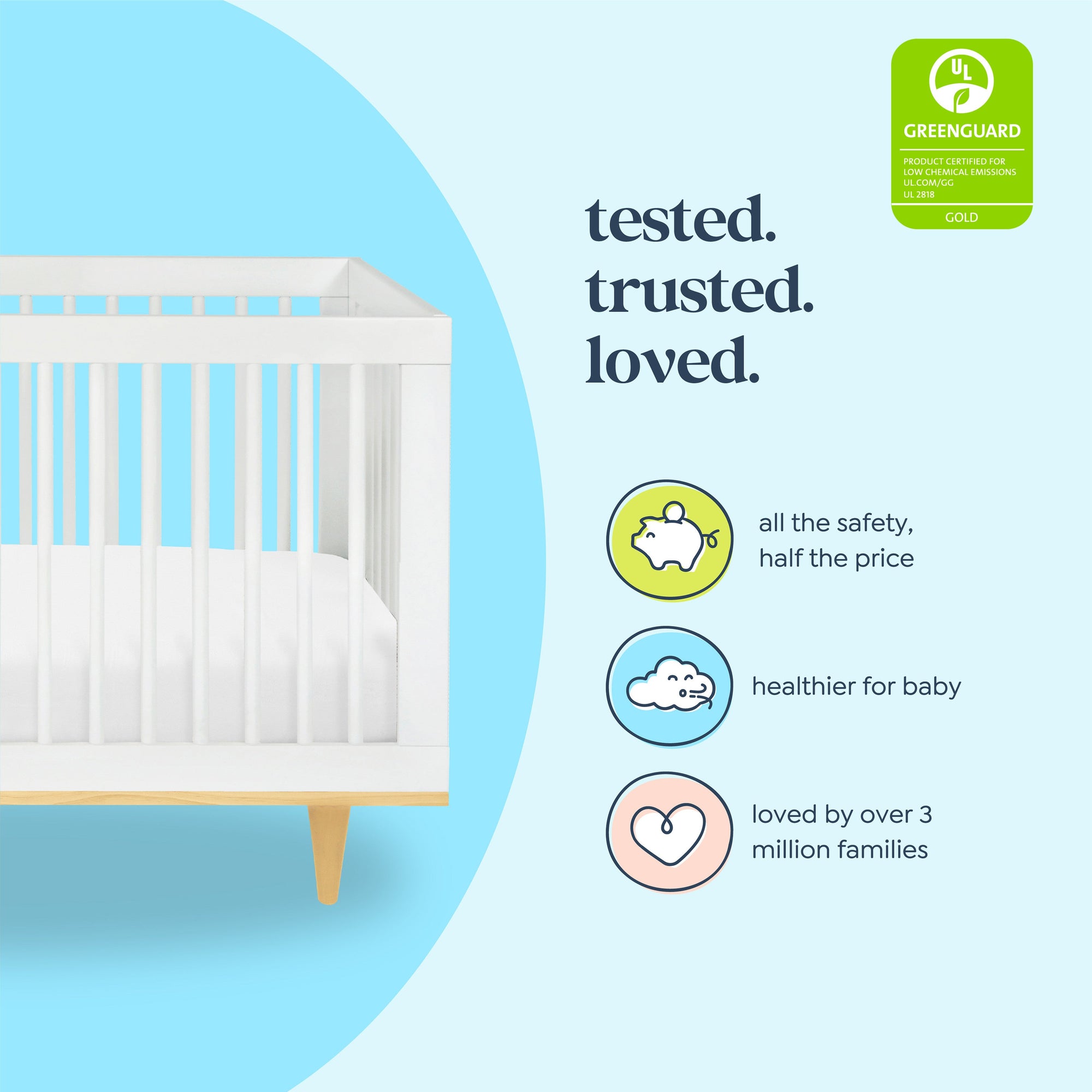 W4901WN,DaVinci,Marley 3-In-1 Convertible Crib in White Finish and Natural Legs