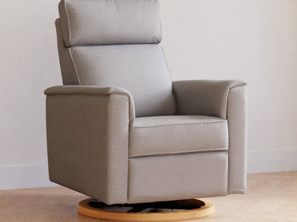 B17186PGEWLB,Monogram by Namesake,Willa Plus Power Glider Recliner w/ Power Headrest in Performance Grey Eco-Weave w/Light Wood Base