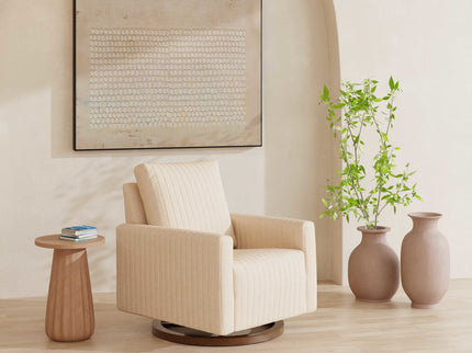 M26687PCMEWDB,Babyletto,Poe Channeled Swivel Glider in Performance Cream Eco-Weave w/ Dark Wood Base