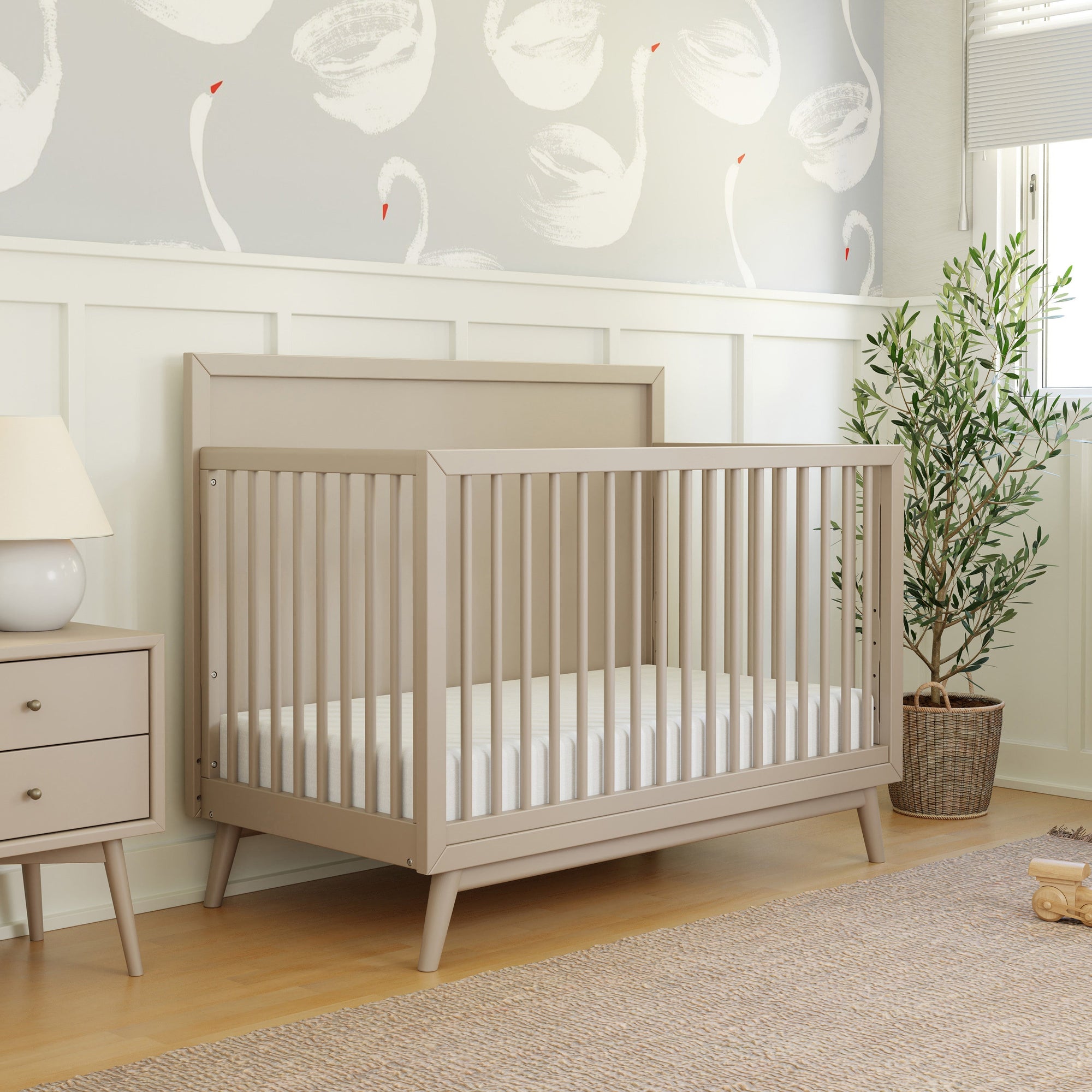 M15901TPE,Babyletto,Palma Mid-Century 4-in-1 Convertible Crib w/Toddler Bed Conversion in Taupe