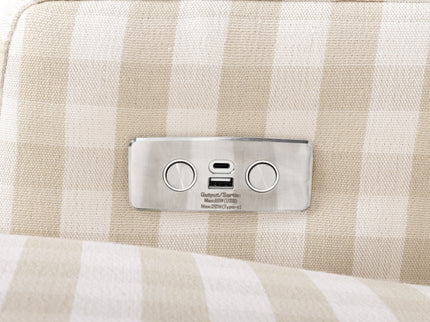 M22286TGHLB,Namesake,Crewe Electronic Swivel Glider Recliner in Tan Gingham with Light Wood Base