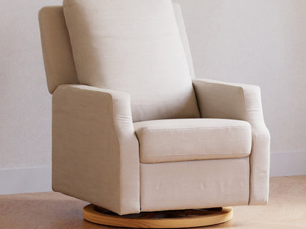 M22286PCMEWLB,Namesake,Crewe Electronic Swivel Glider Recliner in Performance Cream Eco-Weave w/Light Wood Base