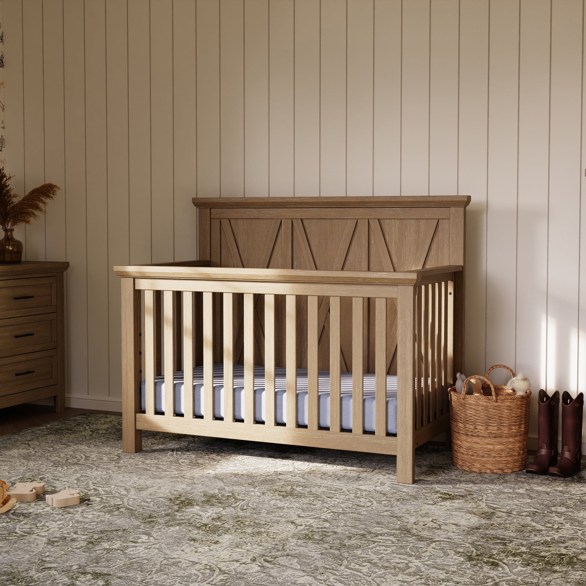 B14501DF,Monogram by Namesake,Emory Farmhouse 4-in-1 Convertible Crib in Driftwood