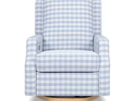 M22286BGHLB,Namesake,Crewe Electronic Swivel Glider Recliner in Blue Gingham with Light Wood Base