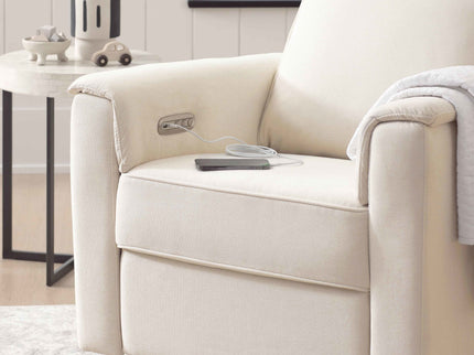 B17186PCMEWLB,Monogram by Namesake,Willa Plus Power Glider Recliner w/ Power Headrest in Performance Cream Eco-Weave w/Light Wood base