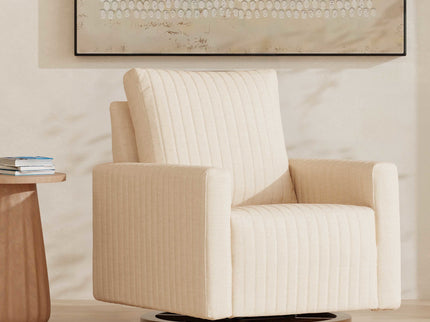 M26687PCMEWDB,Babyletto,Poe Channeled Swivel Glider in Performance Cream Eco-Weave w/ Dark Wood Base