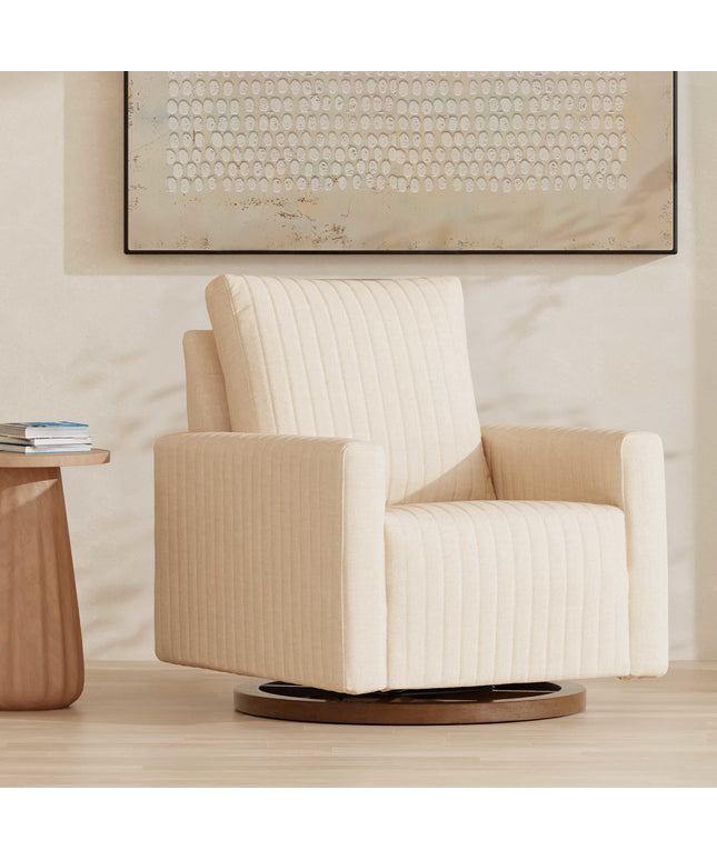 M26687PCMEWDB,Babyletto,Poe Channeled Swivel Glider in Performance Cream Eco-Weave w/ Dark Wood Base