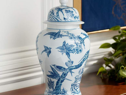 Heather 16" High Blue and White Ceramic Ginger Jar with Lid