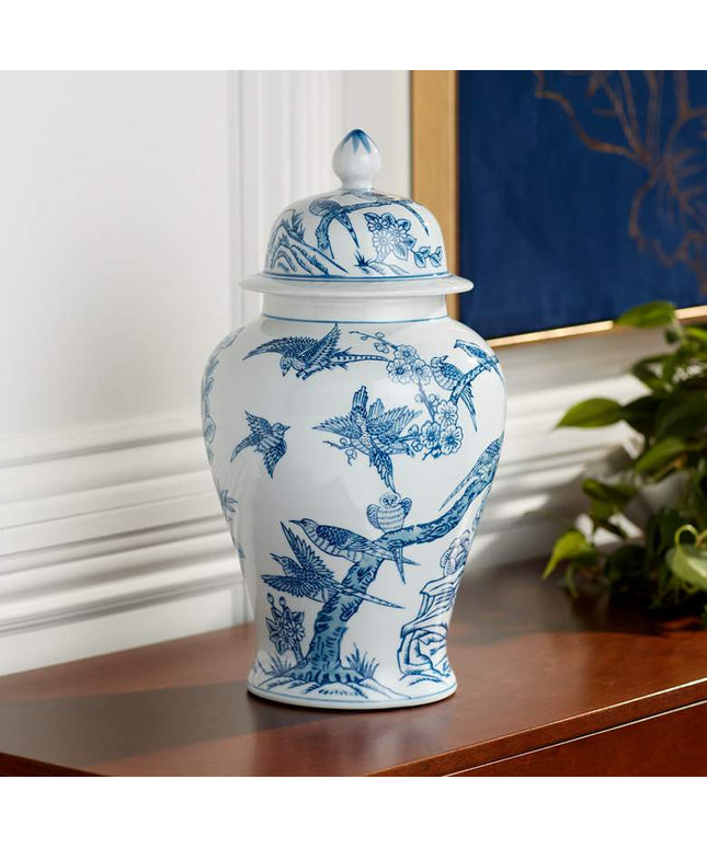 Heather 16" High Blue and White Ceramic Ginger Jar with Lid