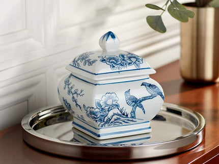 Heather 7 1/2" High Blue and White Ceramic Decorative Jar with Lid