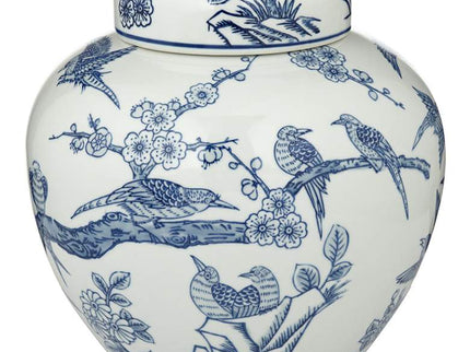 Heather 9 1/2" High Blue and White Ceramic Decorative Jar with Lid