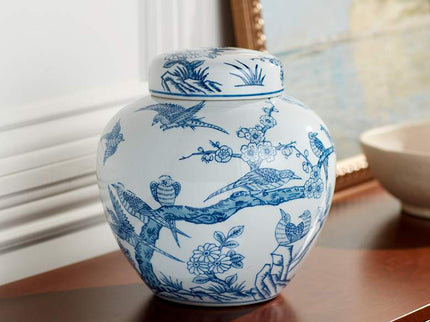 Heather 9 1/2" High Blue and White Ceramic Decorative Jar with Lid