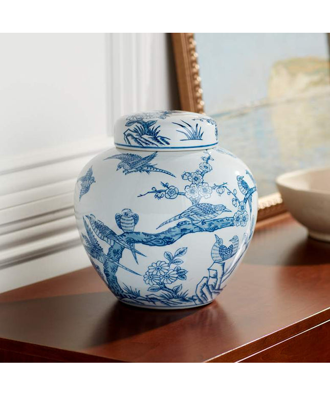 Heather 9 1/2" High Blue and White Ceramic Decorative Jar with Lid