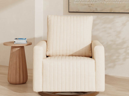 M26687PCMEWDB,Babyletto,Poe Channeled Swivel Glider in Performance Cream Eco-Weave w/ Dark Wood Base