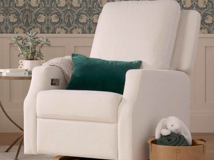 M22286PCMEWLB,Namesake,Crewe Electronic Swivel Glider Recliner in Performance Cream Eco-Weave w/Light Wood Base