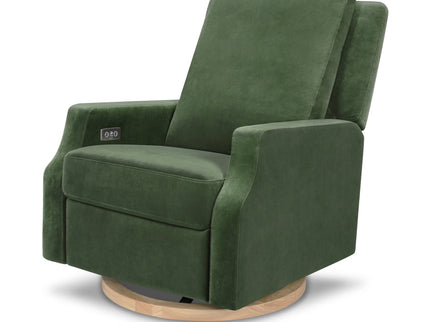 M22286FGVLB,Namesake,Crewe Electronic Swivel Glider Recliner in Forest Green Velvet w/Light Wood Base