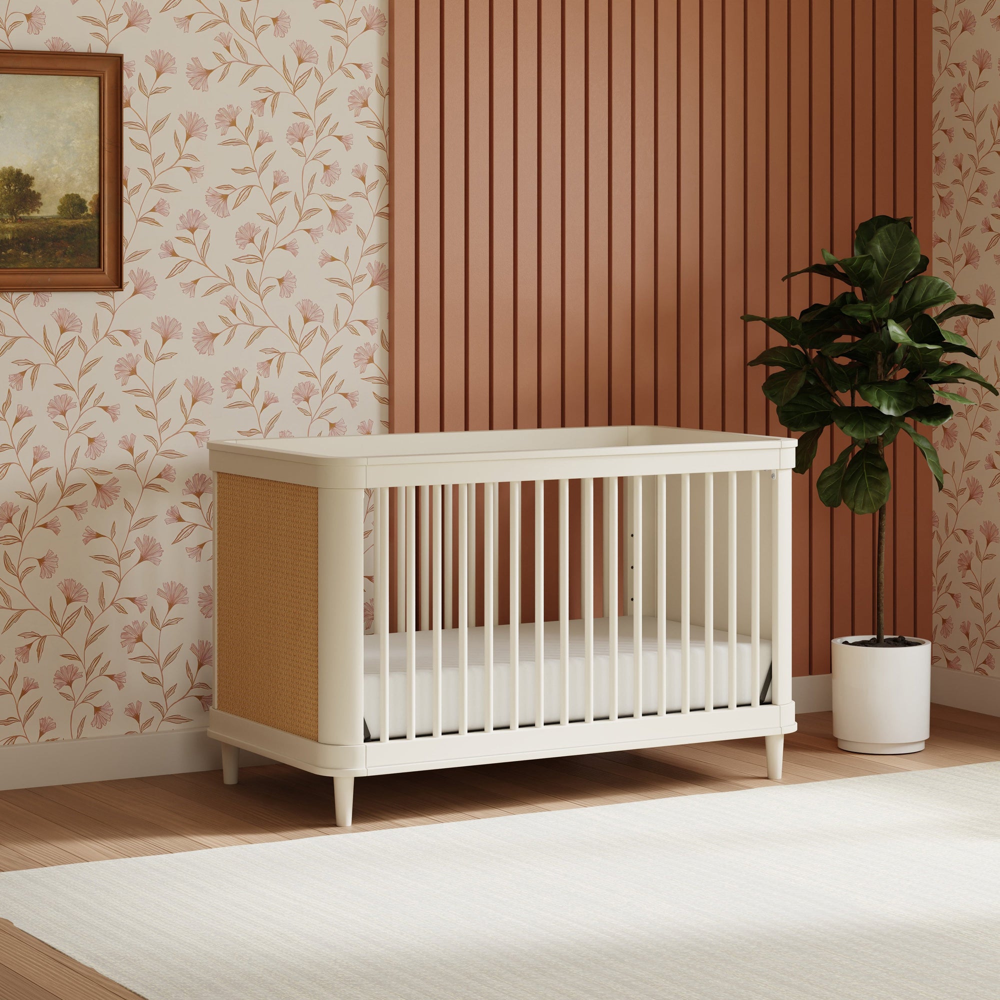 M23701RWHC,Namesake,Marin with Cane 3-in-1 Convertible Crib in Warm White and Honey Cane