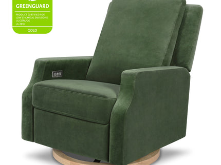 M22286FGVLB,Namesake,Crewe Electronic Swivel Glider Recliner in Forest Green Velvet w/Light Wood Base