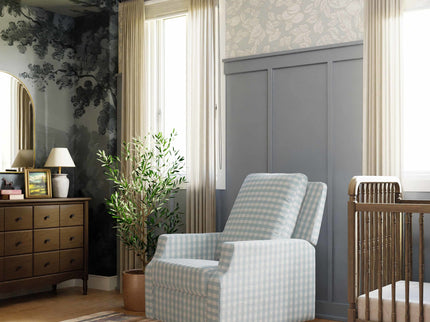 M22287BGHLB,Namesake,Crewe Recliner and Swivel Glider in Blue Gingham with Light Wood Base