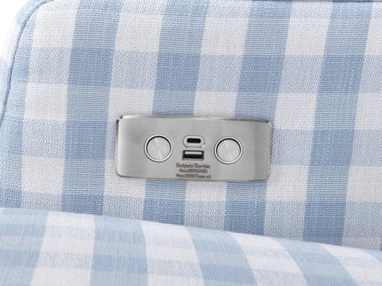 M22286BGHLB,Namesake,Crewe Electronic Swivel Glider Recliner in Blue Gingham with Light Wood Base