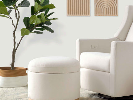 M22885PCMEWLB,Babyletto,Naka Storage Ottoman in Performance Cream Eco-Weave w/ Light wood base