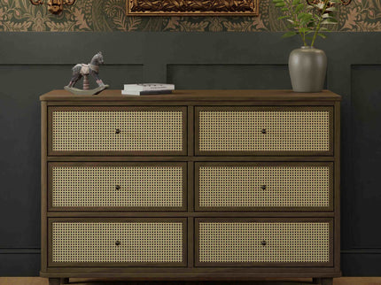 M23716NLBC,Namesake,Marin with Cane 6 Drawer Assembled Dresser in Natural Walnut and Blonde Cane