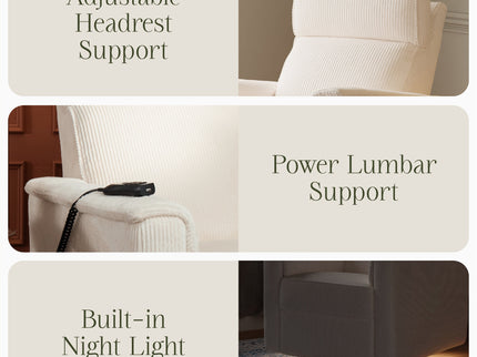 B17183YC,Monogram by Namesake,Willa Deluxe Power Glider Recliner w/Heat&Massage in Ivory Corduroy