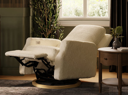 M22286WBLB,Namesake,Crewe Electronic Swivel Glider Recliner in Ivory Boucle w/Light Wood Base