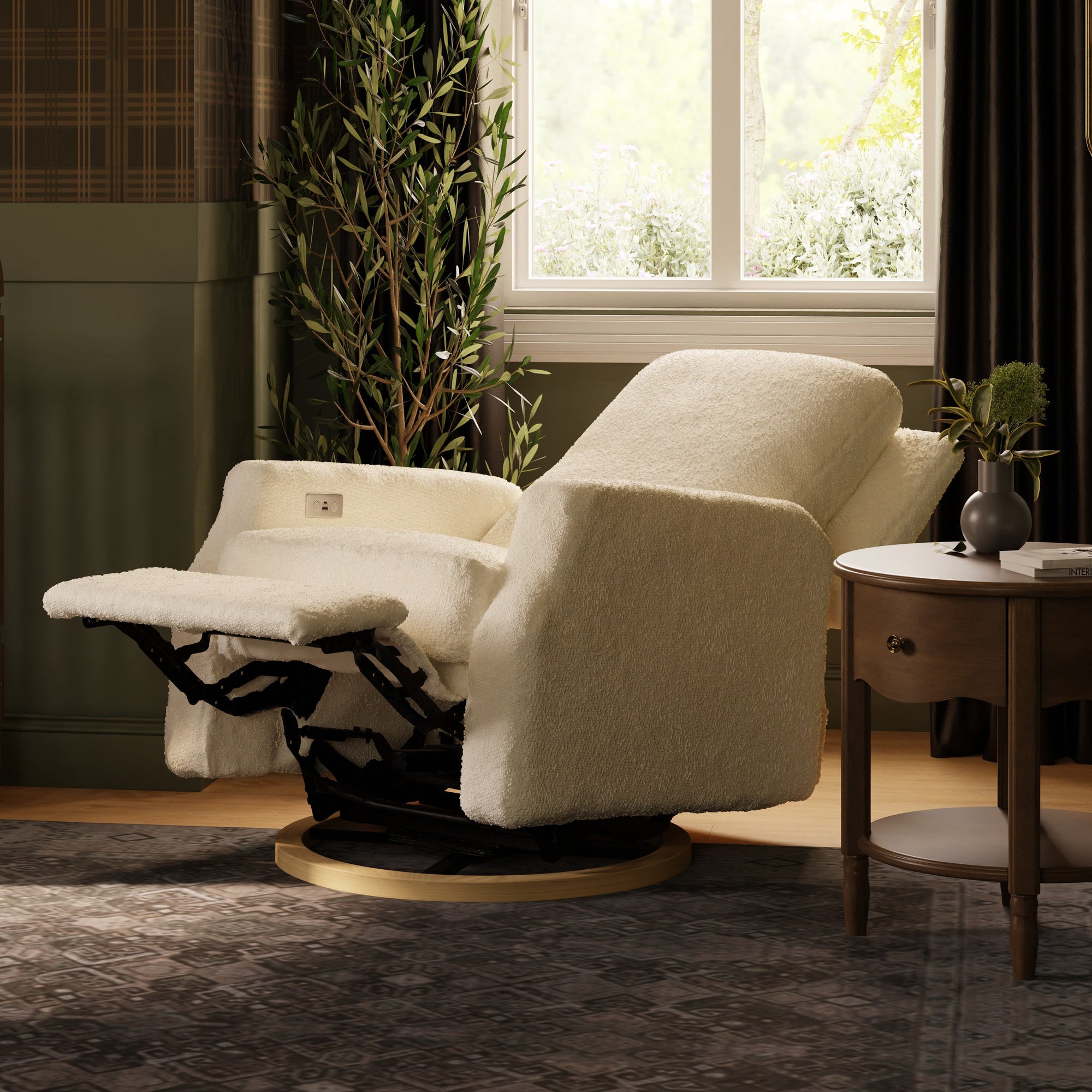 M22286WBLB,Namesake,Crewe Electronic Swivel Glider Recliner in Ivory Boucle w/Light Wood Base