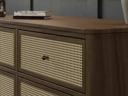 M23716NLBC,Namesake,Marin with Cane 6 Drawer Assembled Dresser in Natural Walnut and Blonde Cane