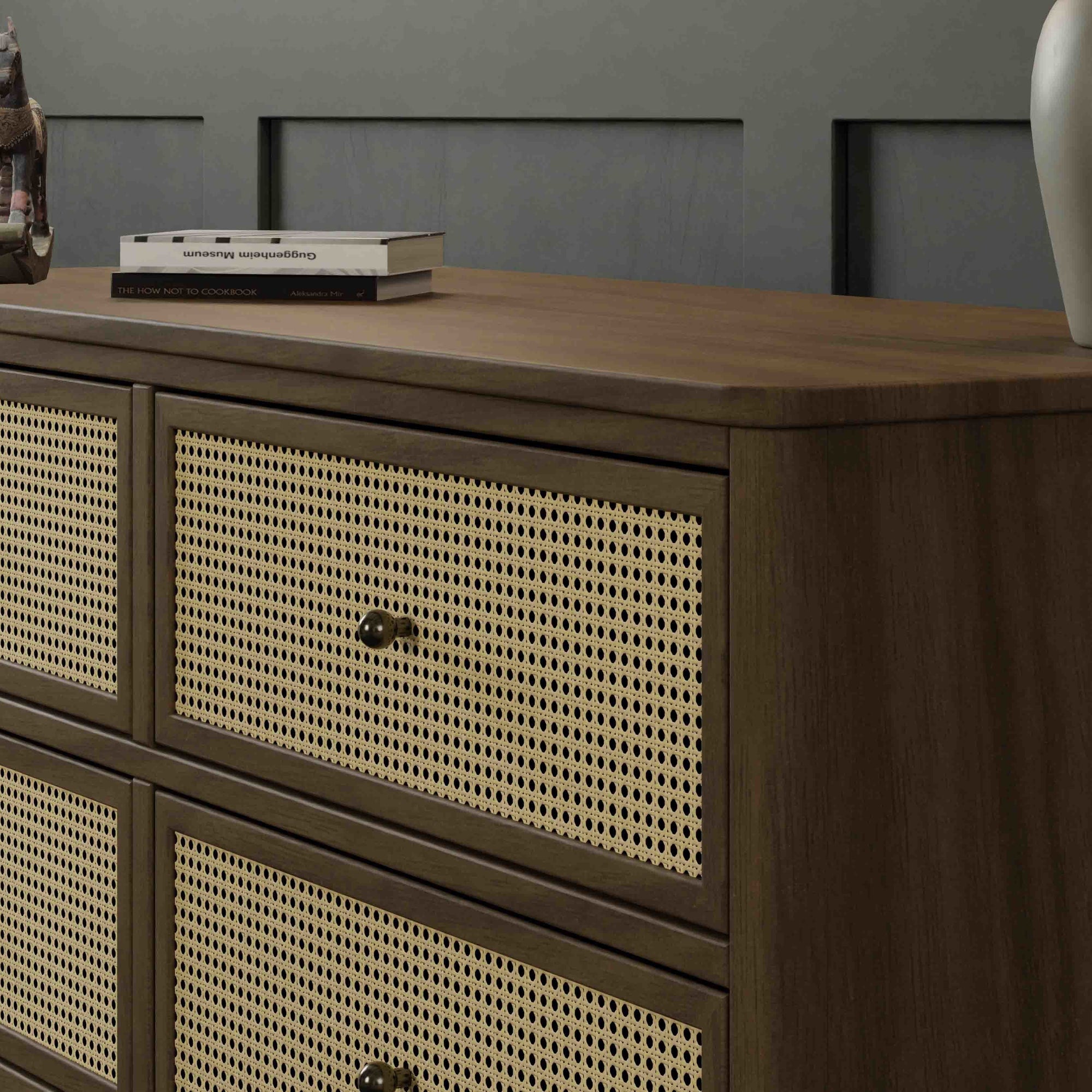 M23716NLBC,Namesake,Marin with Cane 6 Drawer Assembled Dresser in Natural Walnut and Blonde Cane