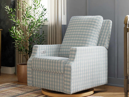 M22286BGHLB,Namesake,Crewe Electronic Swivel Glider Recliner in Blue Gingham with Light Wood Base