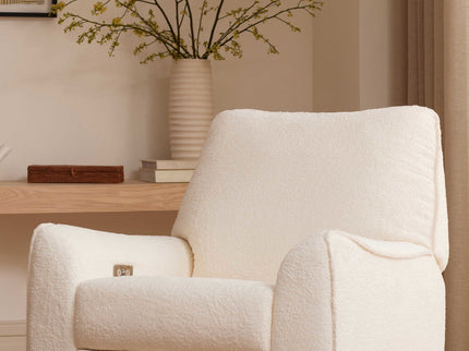 M24087CSHLB,Nursery Works,Sunday Power Recliner and Swivel Glider in Chantilly Fleece w/ Light Wood Base