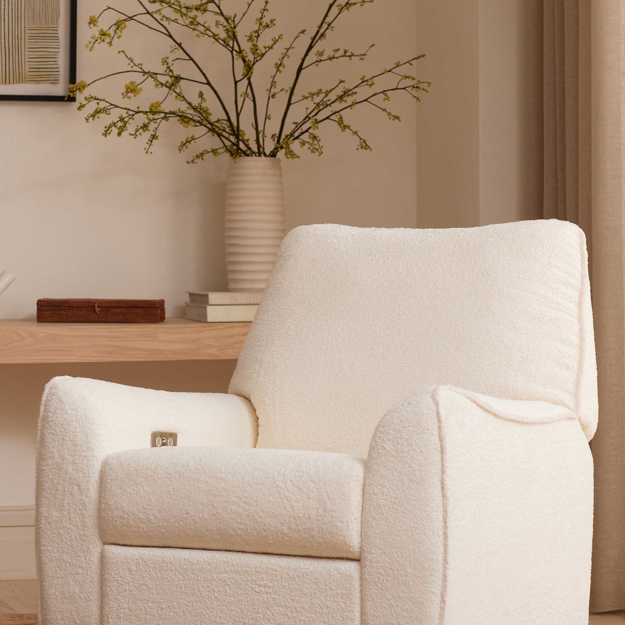 M24087CSHLB,Nursery Works,Sunday Power Recliner and Swivel Glider in Chantilly Fleece w/ Light Wood Base