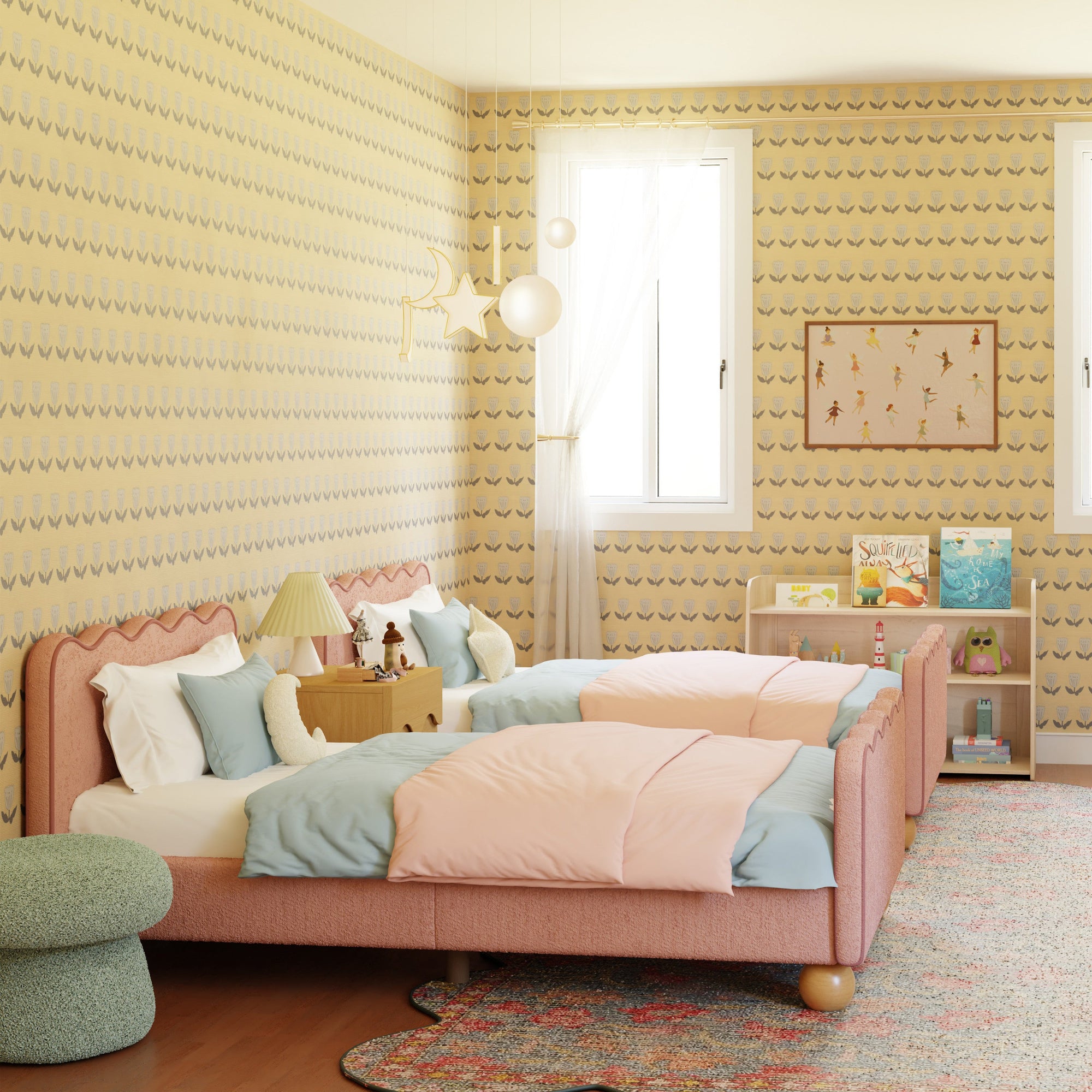 M31369PRSBRY,Babyletto Kids,Rizo Twin Bed in Performance Rose Boucle w/Raspberry Piping